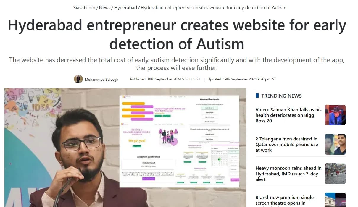 Excerpt of Siasat article: Hyderabad entrepreneur creates website for early detection of autism